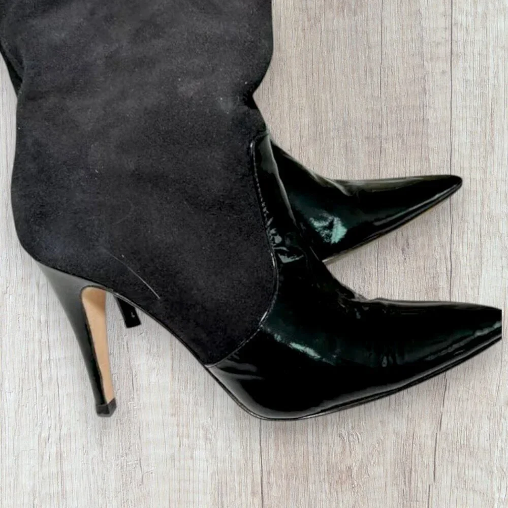 Kate Spade Black Suede Patent Leather Pointed Toe Stiletto Boots Womens 6.5